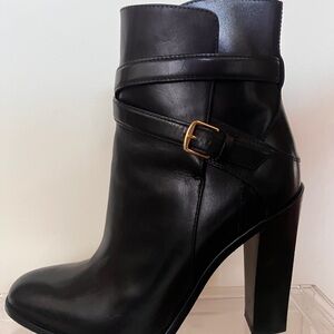 Saint Laurent Black Heeled Boots with Gold Buckle